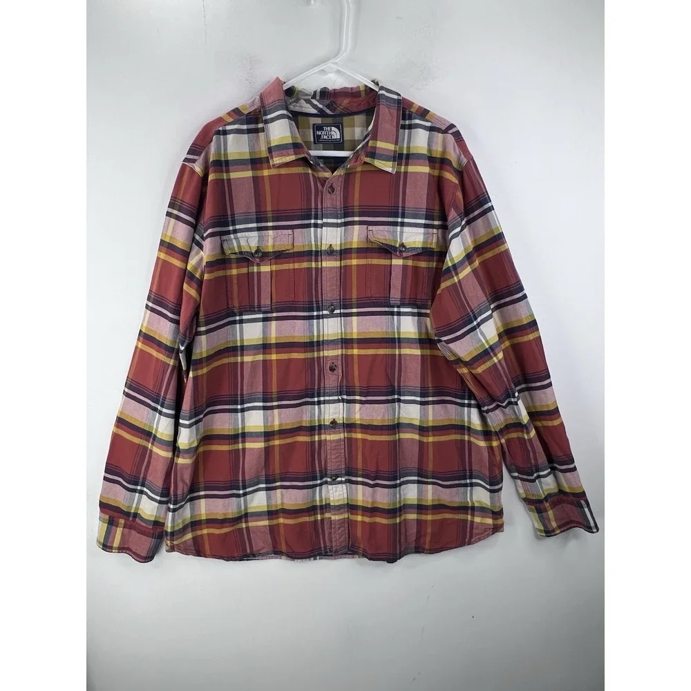 The North‎ Face Shirt Mens XXL Orange/Yellow Plaid Long Sleeve Button Down CB43